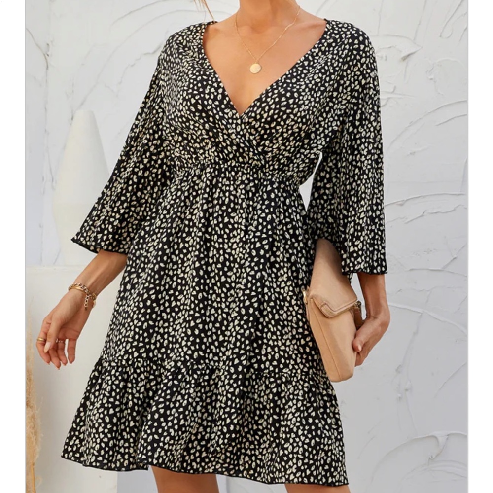 Dot Print V Neck Flared Sleeve Dress, Medium